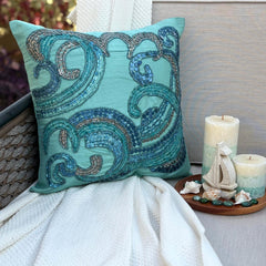 Tides - Aqua Blue Art Silk Throw Pillow Cover