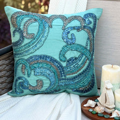 Tides - Aqua Blue Art Silk Throw Pillow Cover
