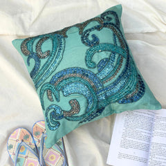 Tides - Aqua Blue Art Silk Throw Pillow Cover