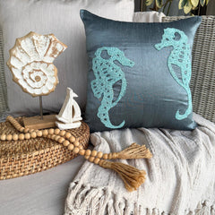Sea Horse - Blue Art Silk Throw Pillow Cover