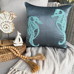 Sea Horse - Blue Art Silk Throw Pillow Cover