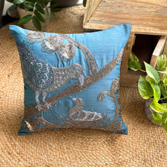 Birdy Love - Teal Blue Art Silk Throw Pillow Cover
