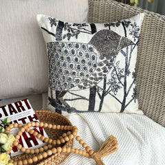 Birdy Heaven - White Art Silk Throw Pillow Cover