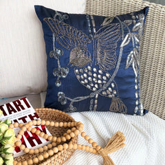 Birdy Flight - Navy Blue Art Silk Throw Pillow Cover