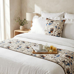 Floral Harmony - Satin Ivory Decorative Bed Runner and Pillow Cover