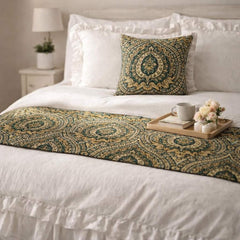 Damask Tapestry - Jacquard Green Decorative Bed Runner and Pillow Cover