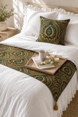 Damask Tapestry - Jacquard Green Decorative Bed Runner and Pillow Cover