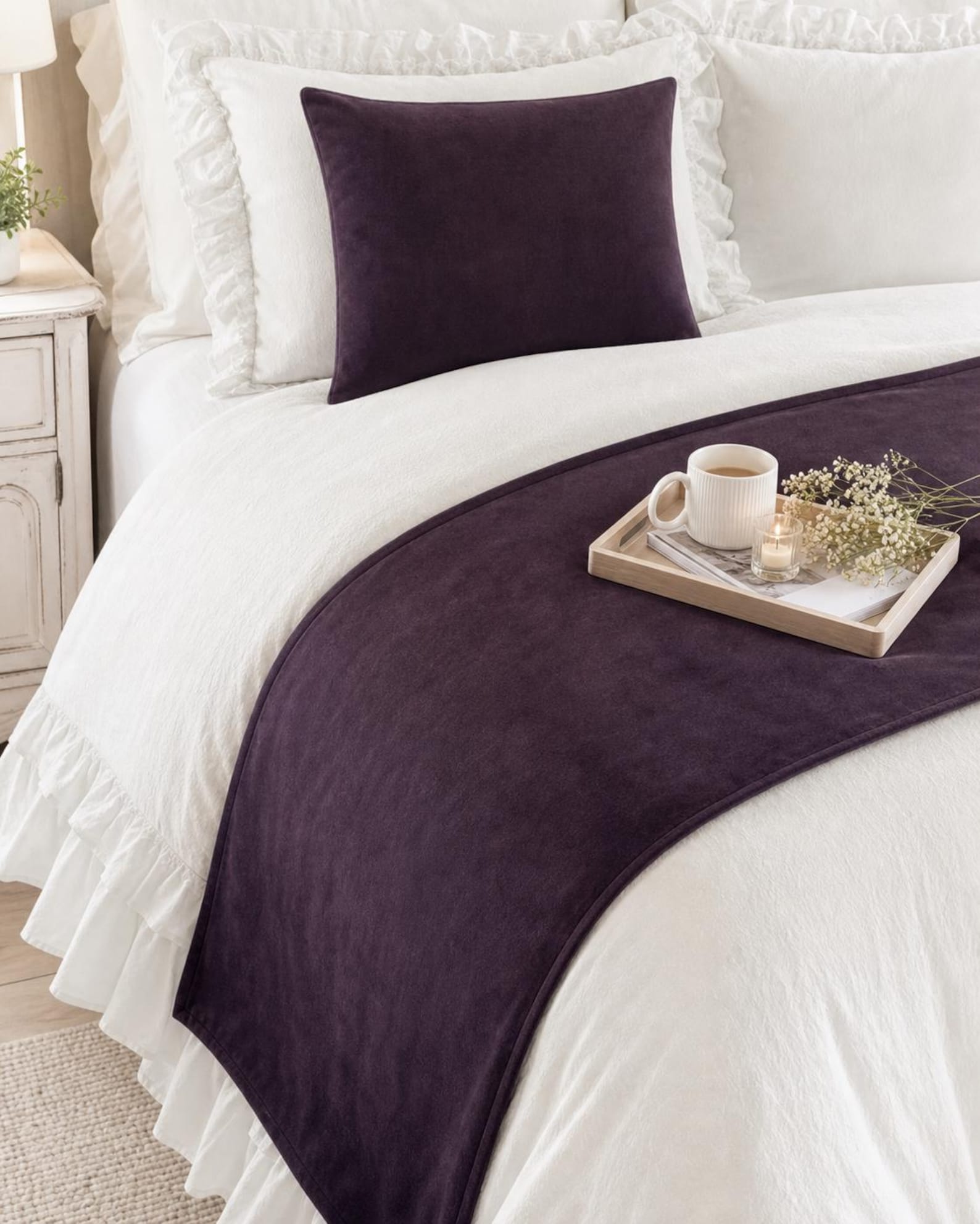 Plum Velvet Decorative Bed Runner and Pillow Cover