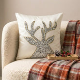 White & Silver Silk Decorative Throw Pillow Cover - Sequined Antlers