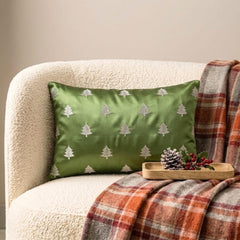 Green Satin Decorative Lumbar Pillow Cover - Festive Tree