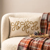 Gold Linen Christmas Embroidered Lumbar Pillow Cover - Ho Ho Ho