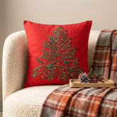 Red & Green Cotton Linen Decorative Throw Pillow Cover - Xmas Evergreen