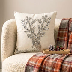 White & Silver Linen Decorative Throw Pillow Cover - Dazzling Deer