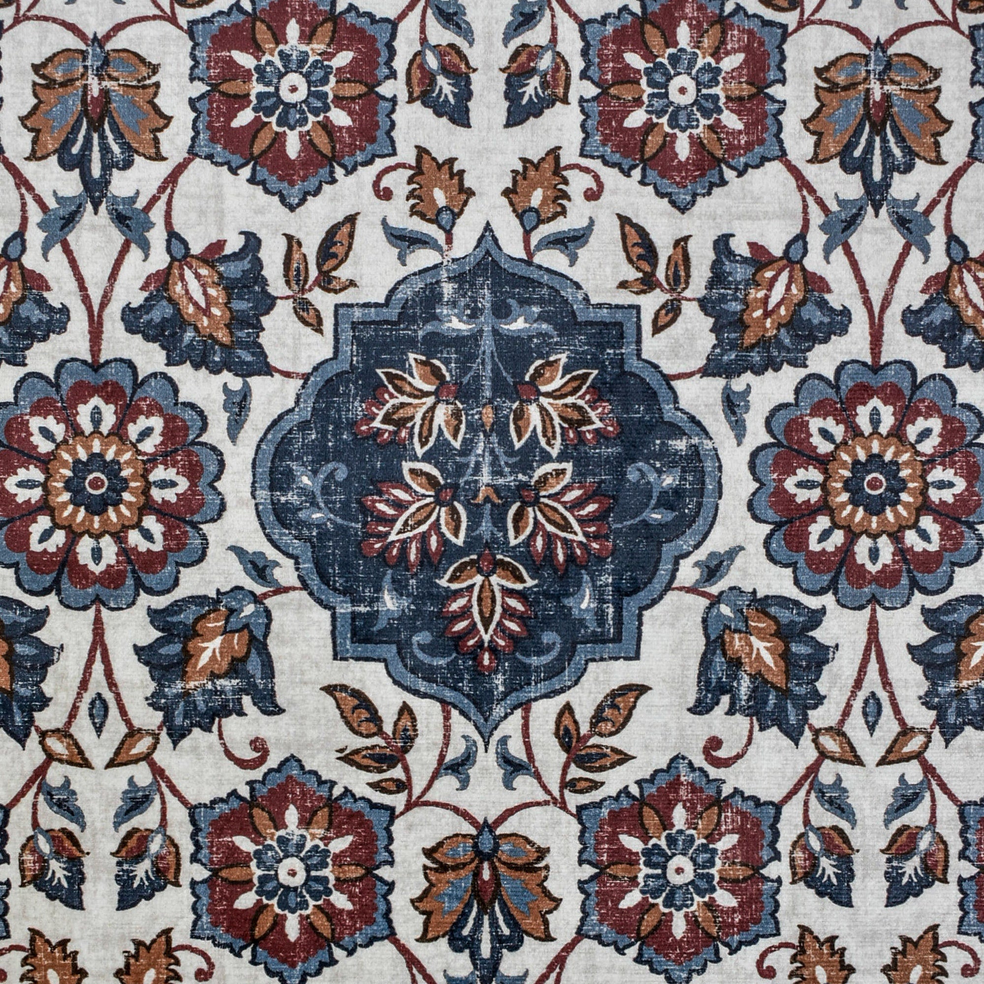 Blue, Brown & Off White Printed Velvet Fabric by the Yard