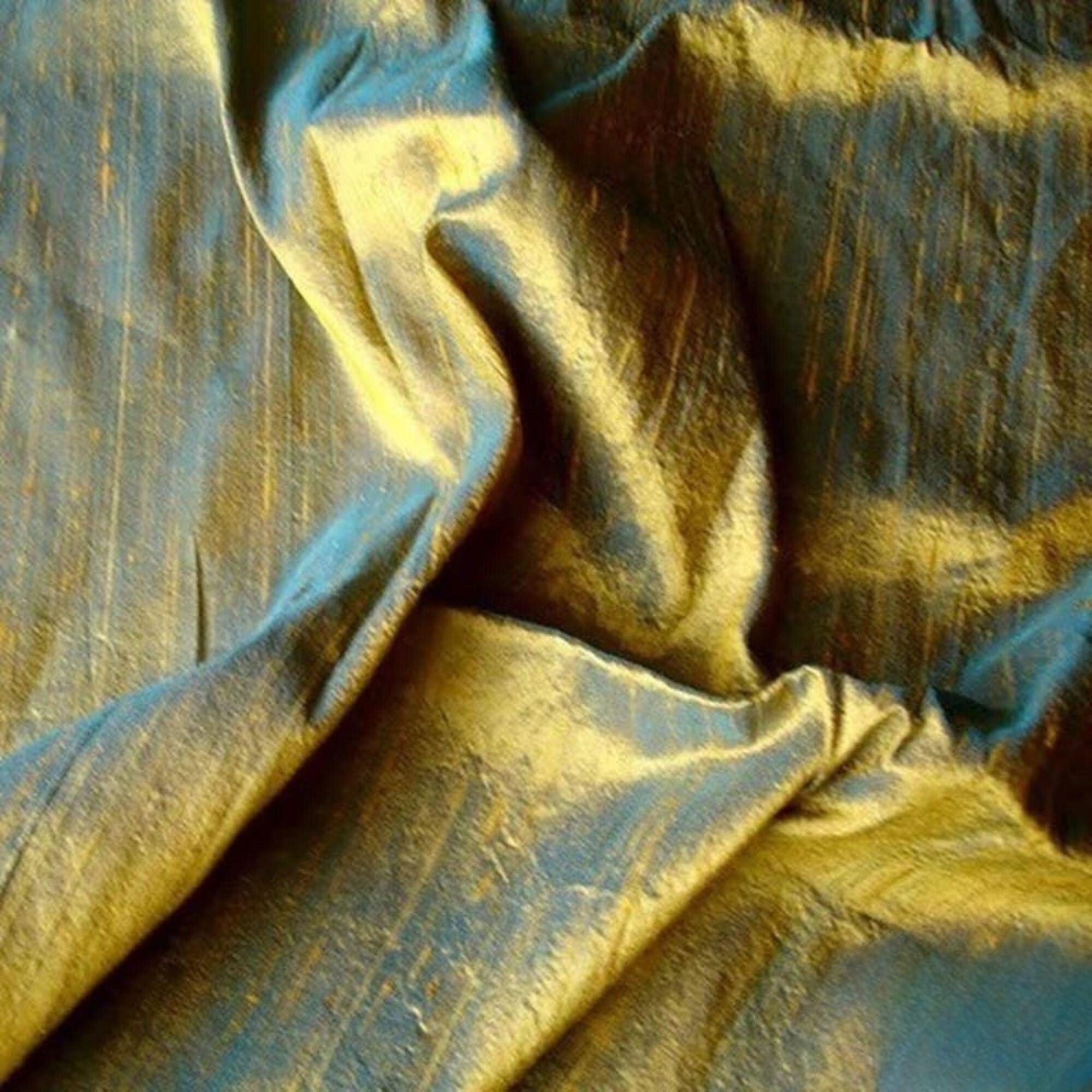Turquoise, Gold Silk Dupioni Fabric By The Yard