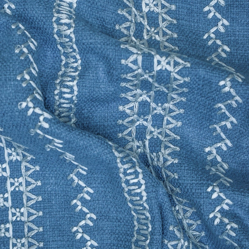 Light Blue, White Cotton Embroidered Fabric by the Yard