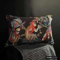 Monkey Mischief - Black Cotton Decorative Lumbar Pillow Cover