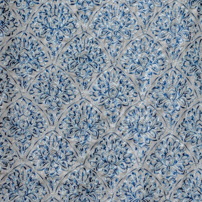 Shades of Blue Cotton Embroidery Fabric by the Yard