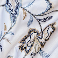 Dark Blue, Light Blue Cotton with Embroidery Fabric by the Yard
