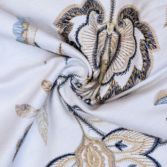 Dark Blue, Light Blue Cotton with Embroidery Fabric by the Yard