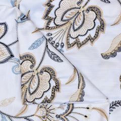 Dark Blue, Light Blue Cotton with Embroidery Fabric by the Yard