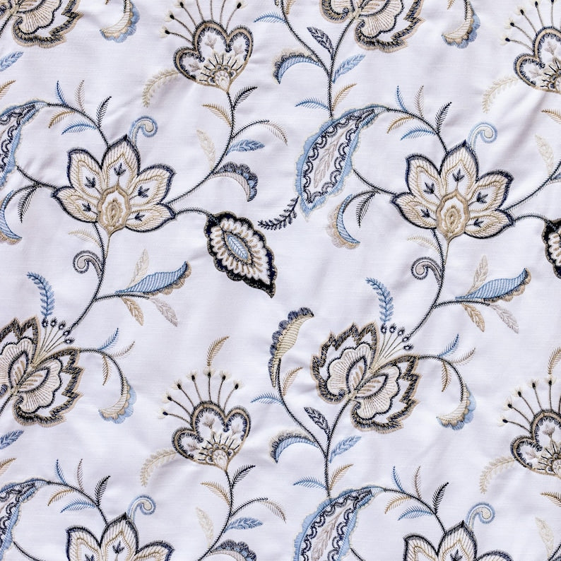 Dark Blue, Light Blue Cotton with Embroidery Fabric by the Yard