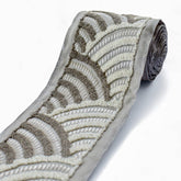 Ivory & Taupe Art Deco Wave Border with Textured Embroidery