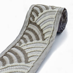 Ivory & Taupe Art Deco Wave Border with Textured Embroidery