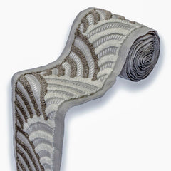 Ivory & Taupe Art Deco Wave Border with Textured Embroidery by the Yard, Boucle Curtain Tape, 5 Inches (127 mm)