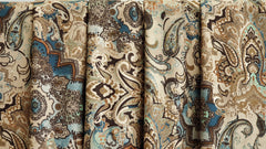 Beige, Blue Arabian Love Damask Print Velvet Curtain Panels