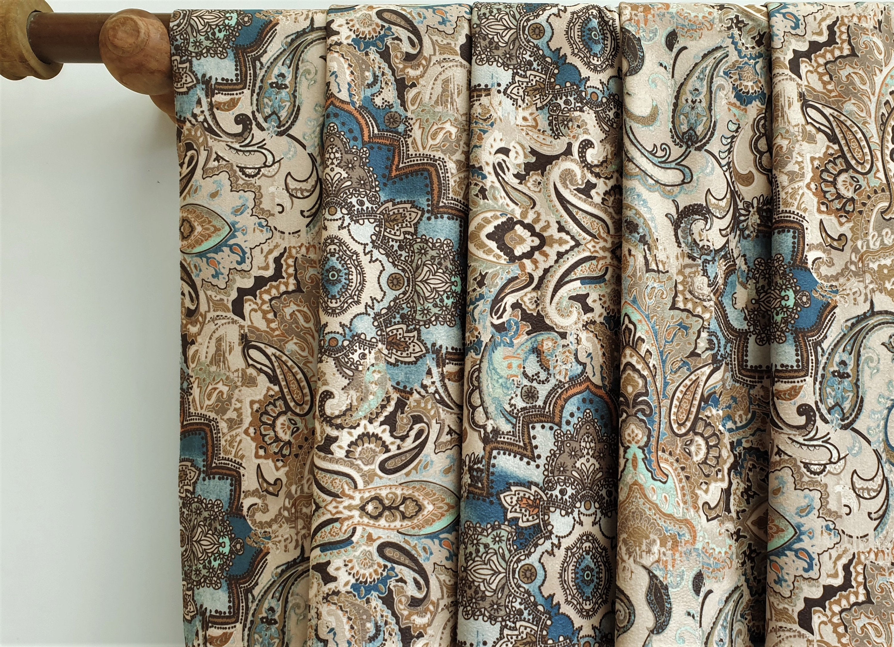 Beige, Blue Arabian Love Damask Print Velvet Curtain Panels