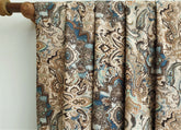 Beige, Blue Arabian Love Damask Print Velvet Curtain Panels