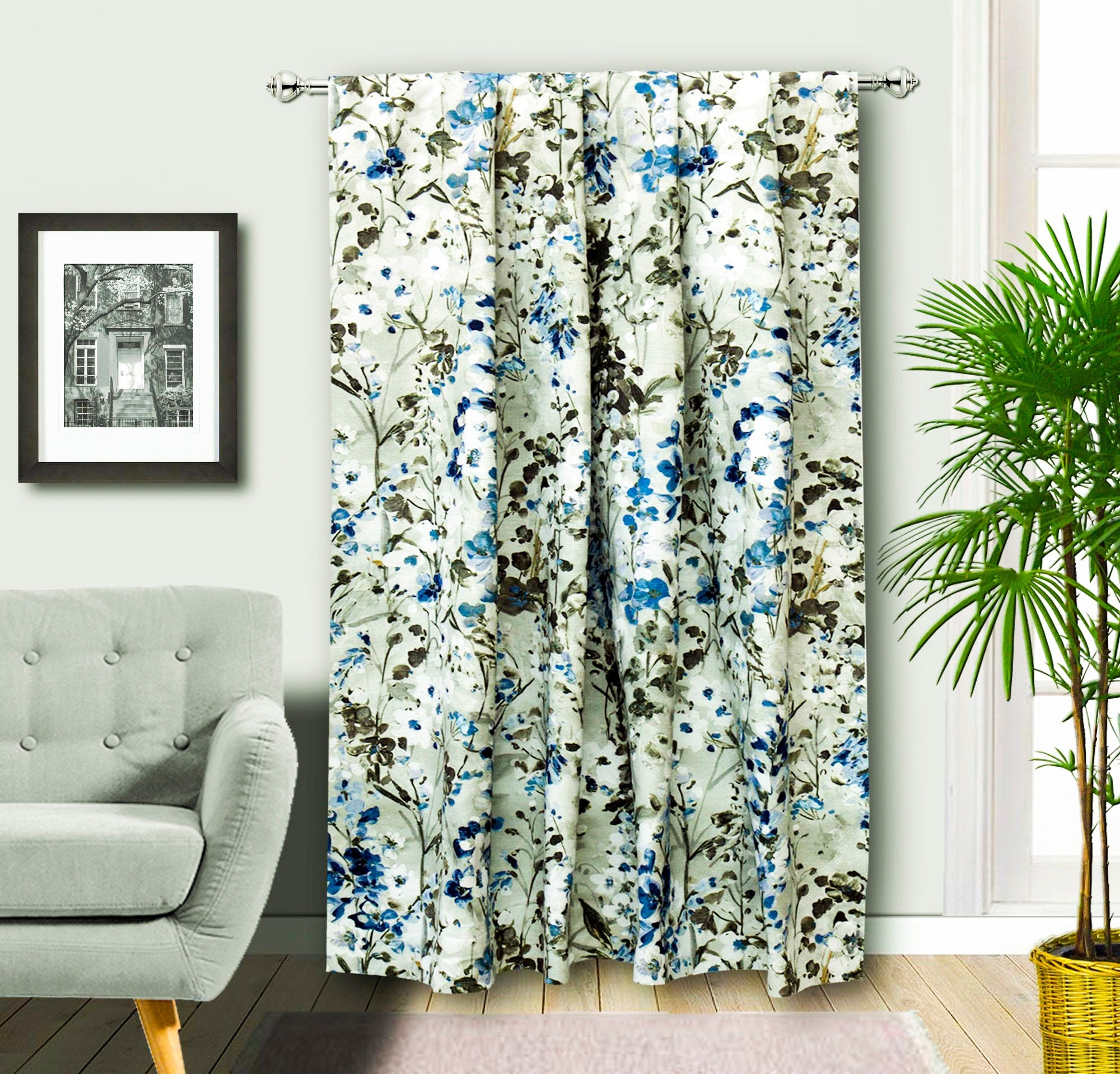 Snow Garden Ivory, Grey Printed Cotton Curtain Panels