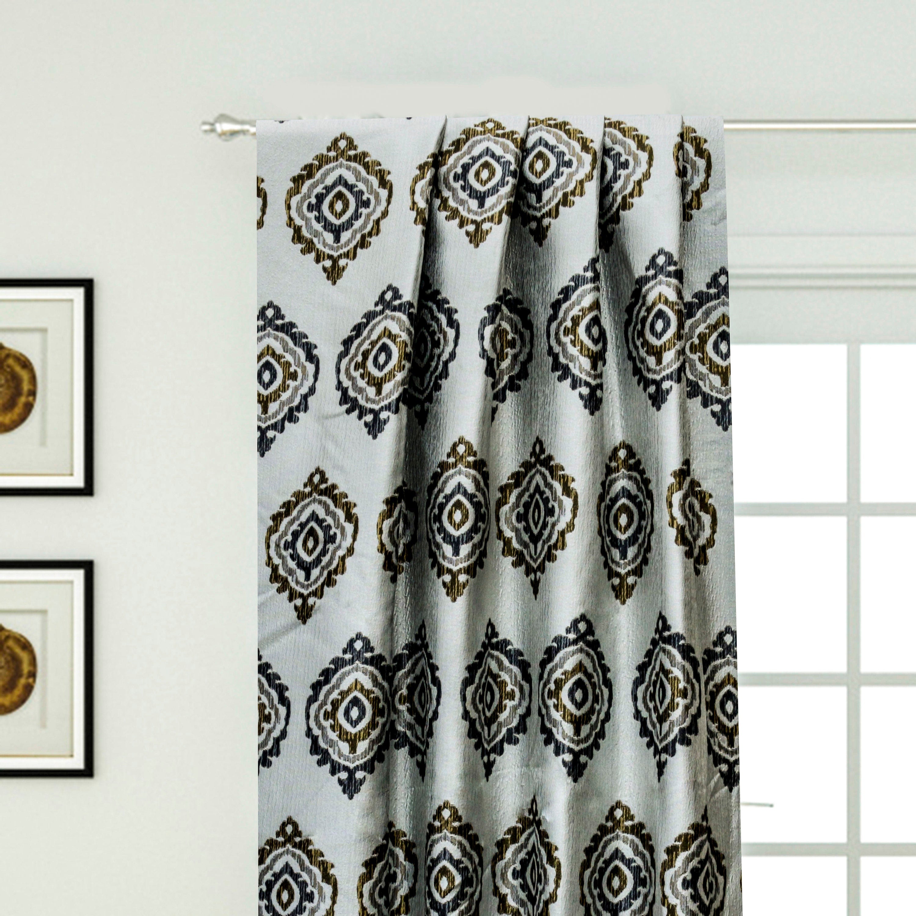 Gold N Grey Damask Jacquard Weave Textured Curtain Panels