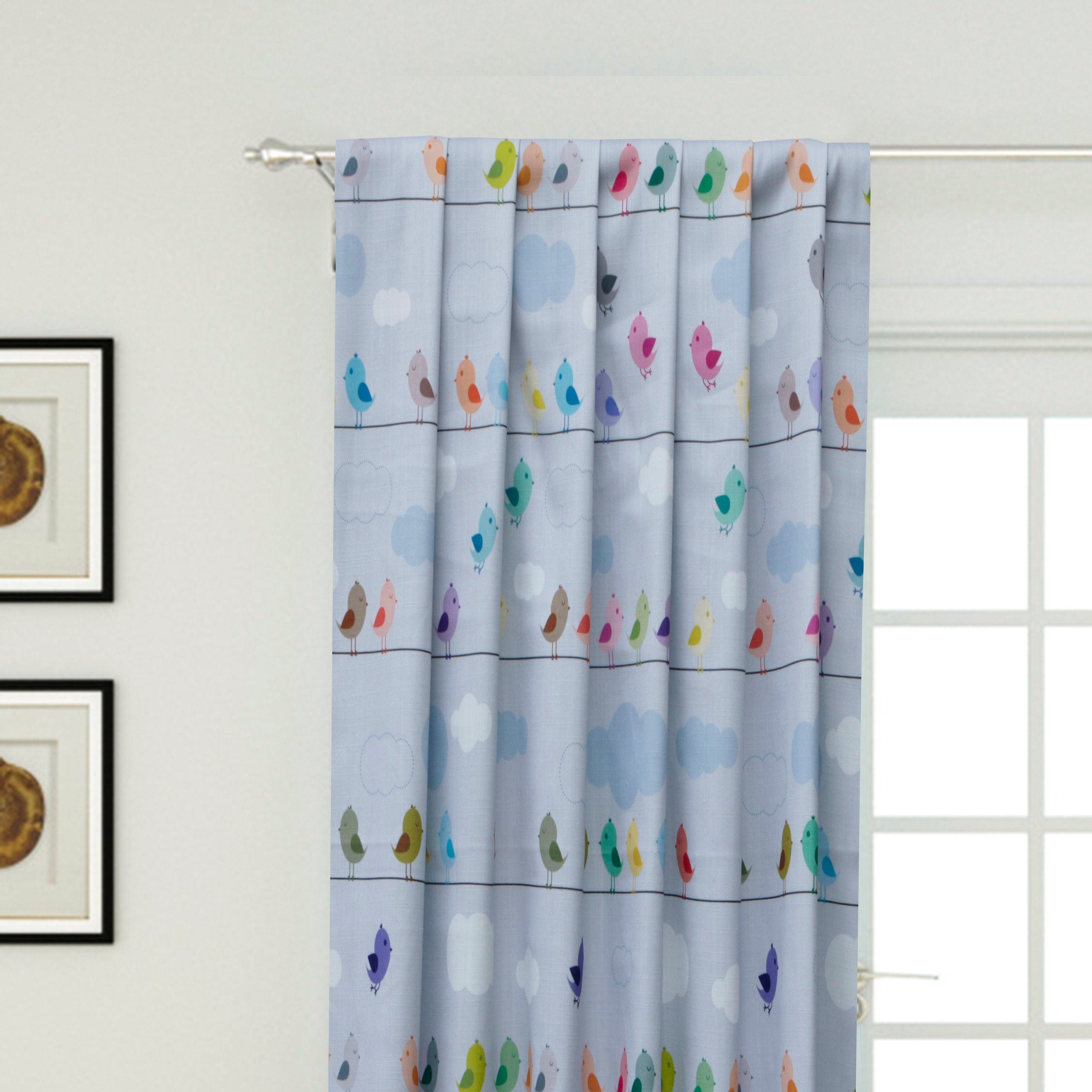 Light Blue Cute Birds Kids Printed Cotton Curtain Panels