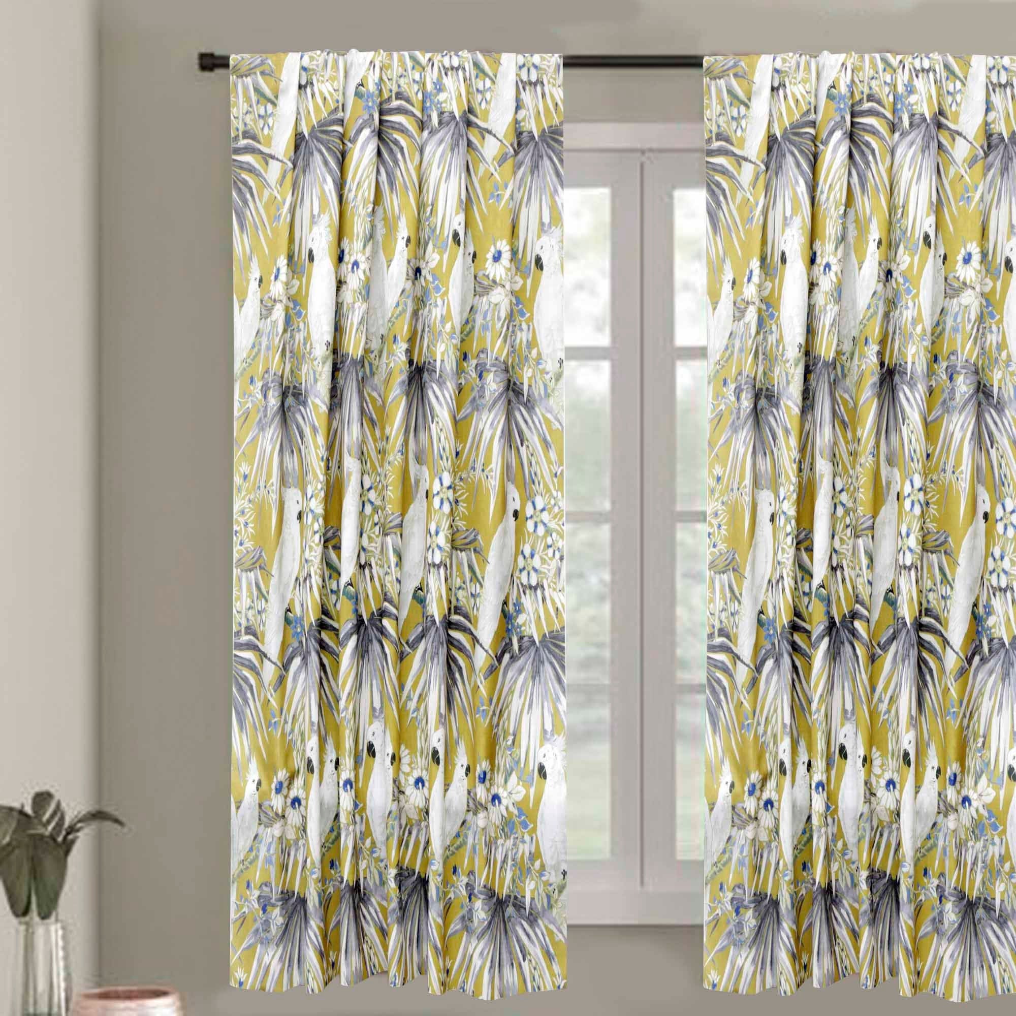 White N Blue Parrots Printed Cotton Curtain Panels
