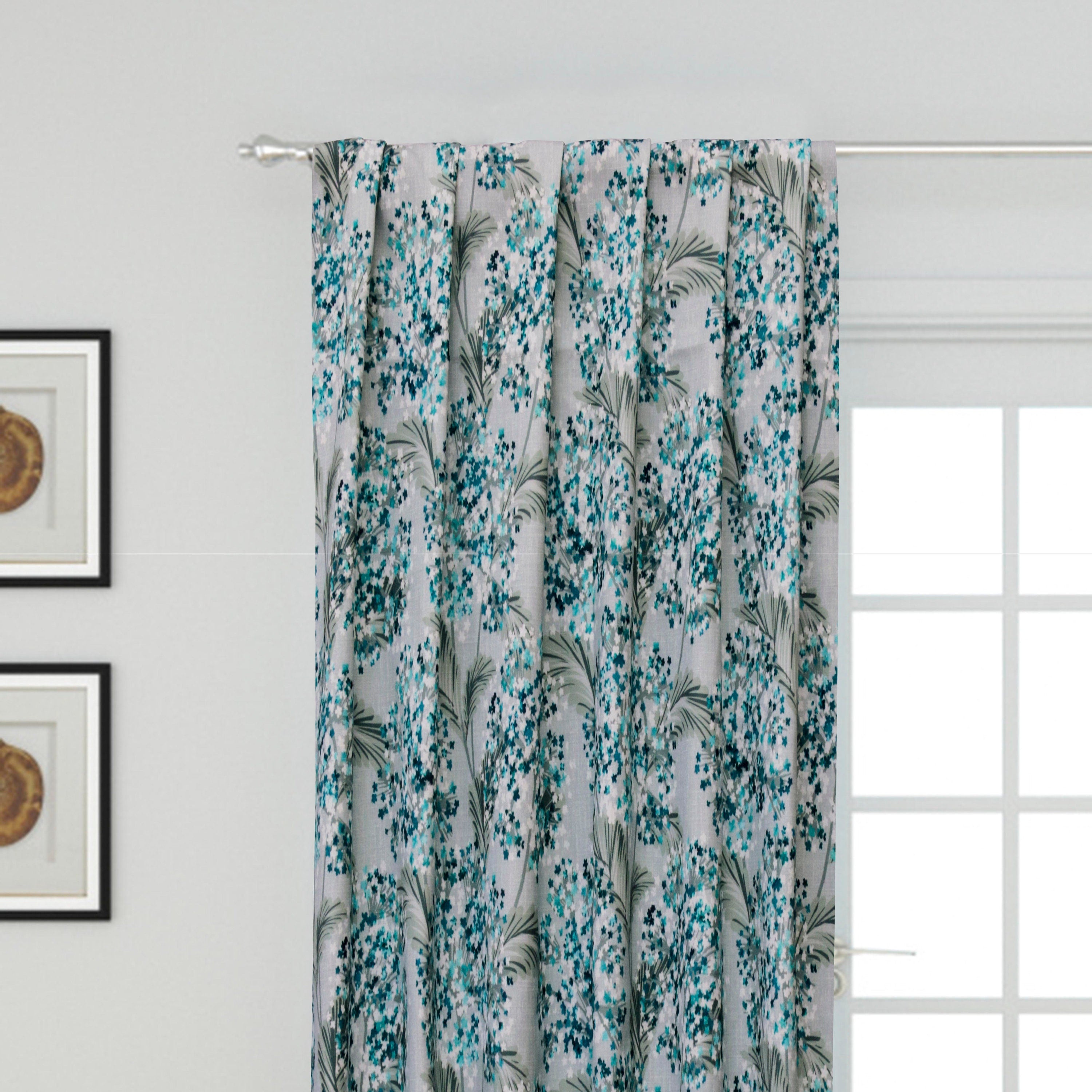 Turquoise Blue Flowers Printed Cotton Curtain Panels