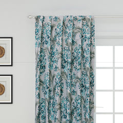 Turquoise Blue Flowers Printed Cotton Curtain Panels
