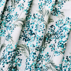 Turquoise Blue Flowers Printed Cotton Curtain Panels