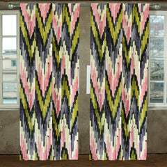 Pink, Green Chevron Digital Printed Velvet Curtain Panels