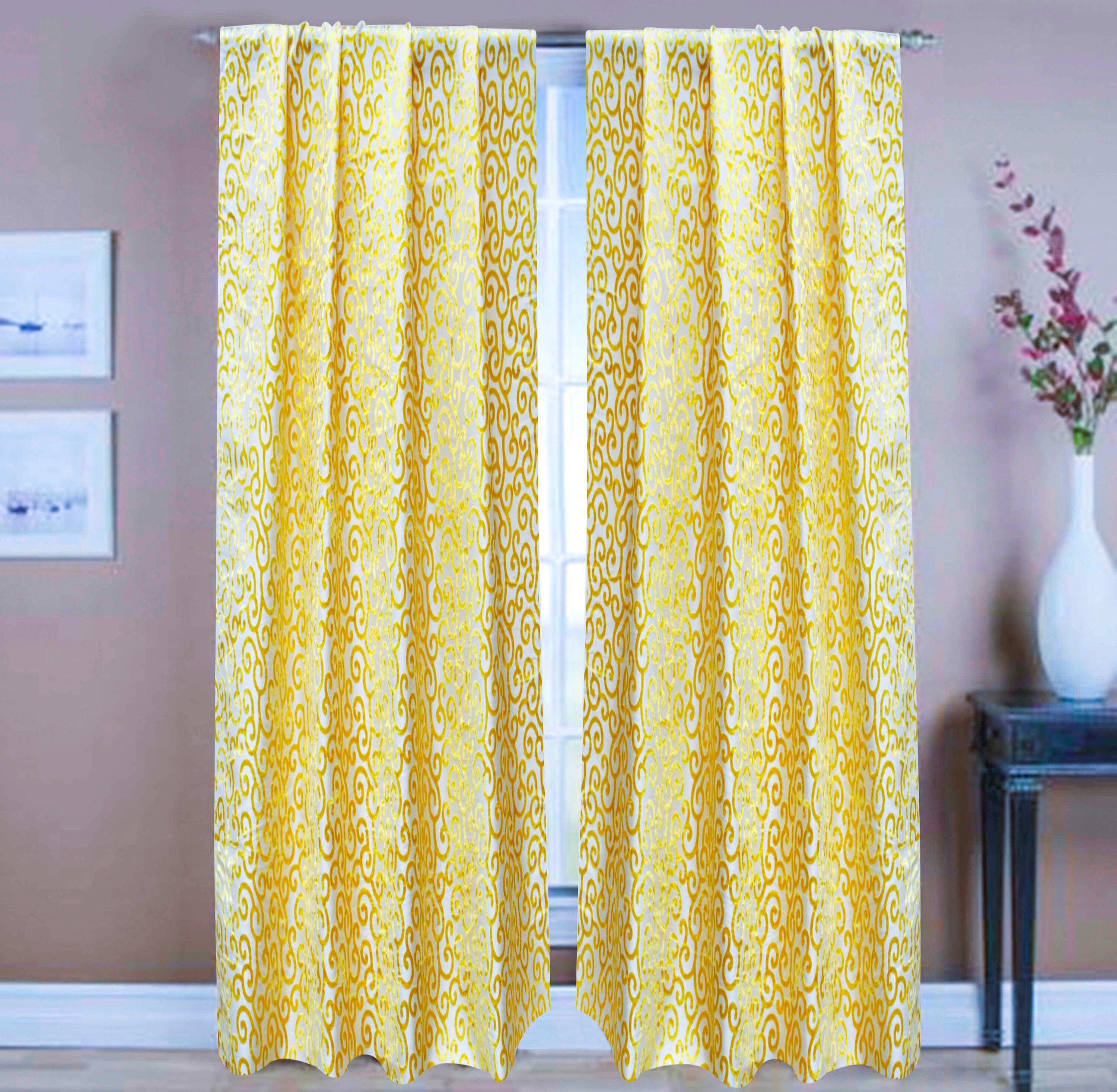 Mimosa Yellow Scrolls Burnout Velvet Curtain Panels