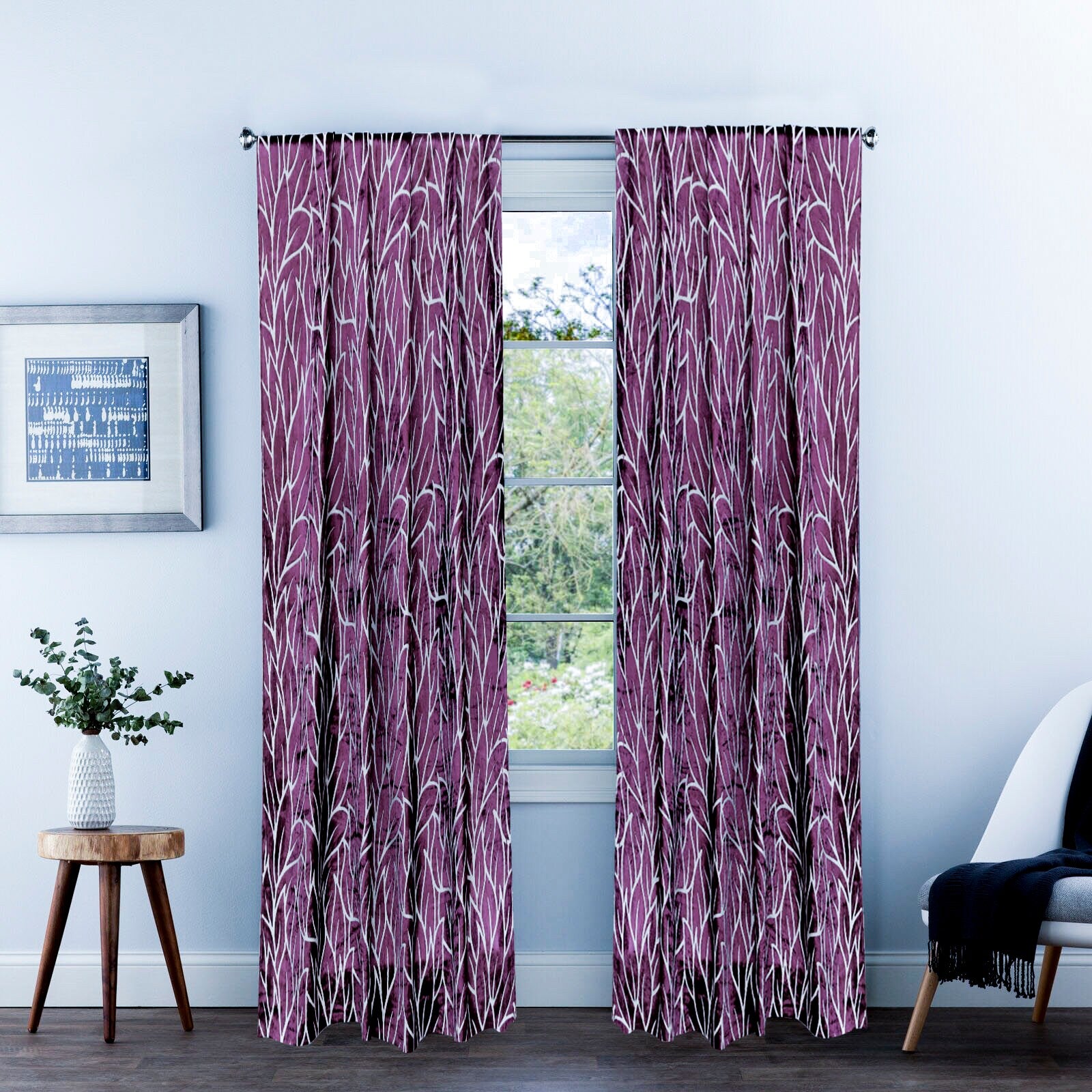 Purple Leaves Burnout Velvet Curtain Panels