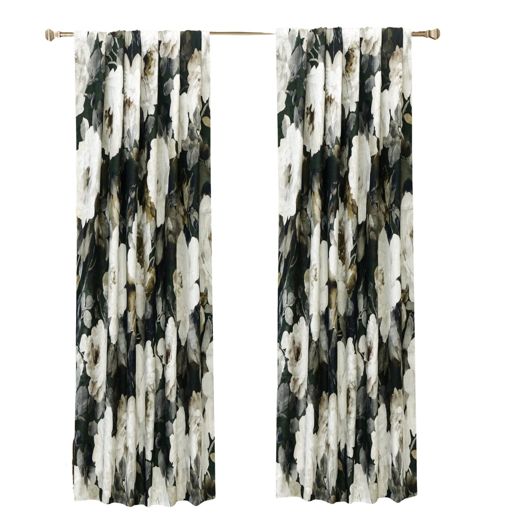 Midnight Roses Green, Brown Printed Cotton Curtain Panels