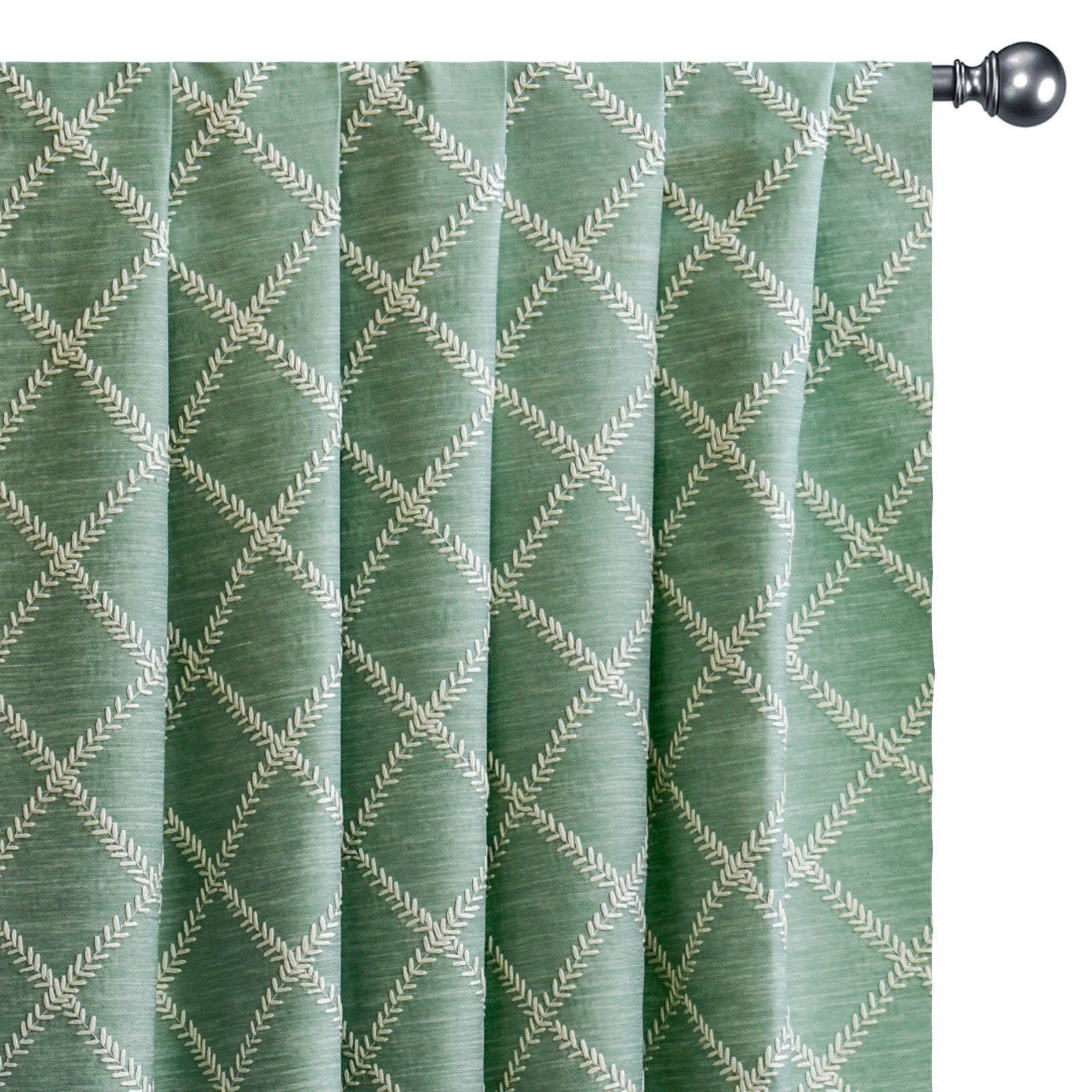 Duck Egg Leafy Diamond Chain Stitch Linen Curtain Panels