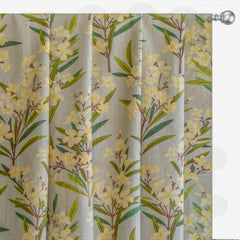 Green Cream Flowers Printed Cotton Curtain Panels