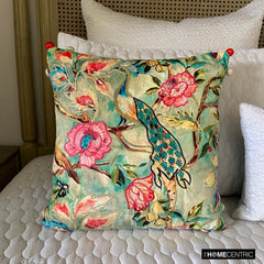 Maurya Elegance - Turquoise Blue Cotton Throw Pillow Cover