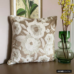 Snowy Blossoms - Beige Velvet Throw Pillow Cover
