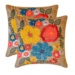 Sunburst Blooms - Beige Velvet Throw Pillow Cover