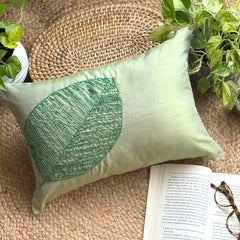 Green Leaf - Art Silk Green Decorative Lumbar Pillow Cover