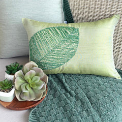 Green Leaf - Art Silk Green Decorative Lumbar Pillow Cover